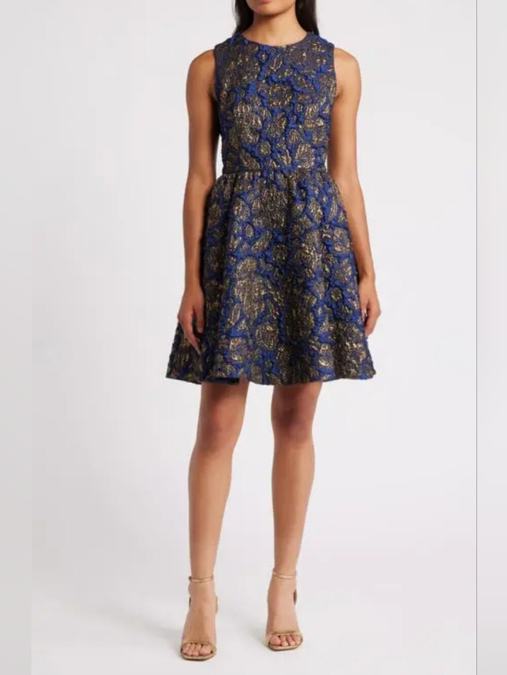 Chelsea 28 Sleeveless Blue and Gold Jacquard Fit-and-Flare Dress